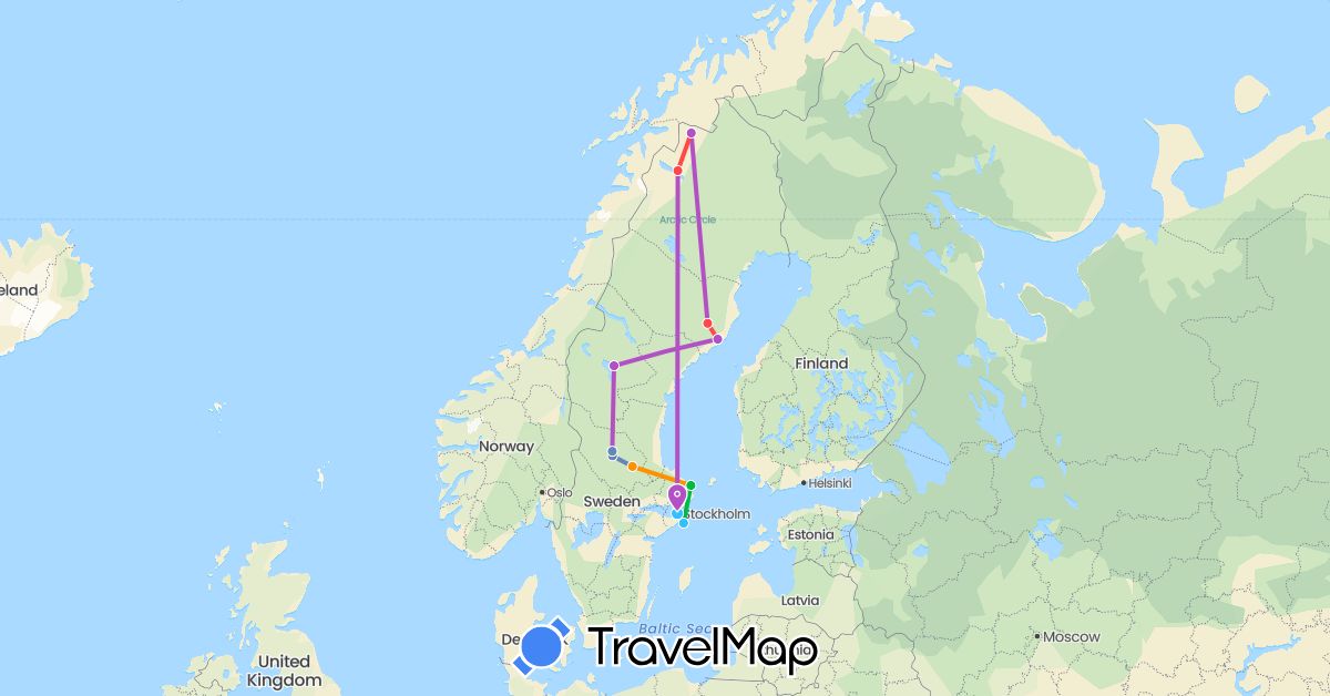 TravelMap itinerary: driving, bus, cycling, train, hiking, boat, hitchhiking in Sweden (Europe)